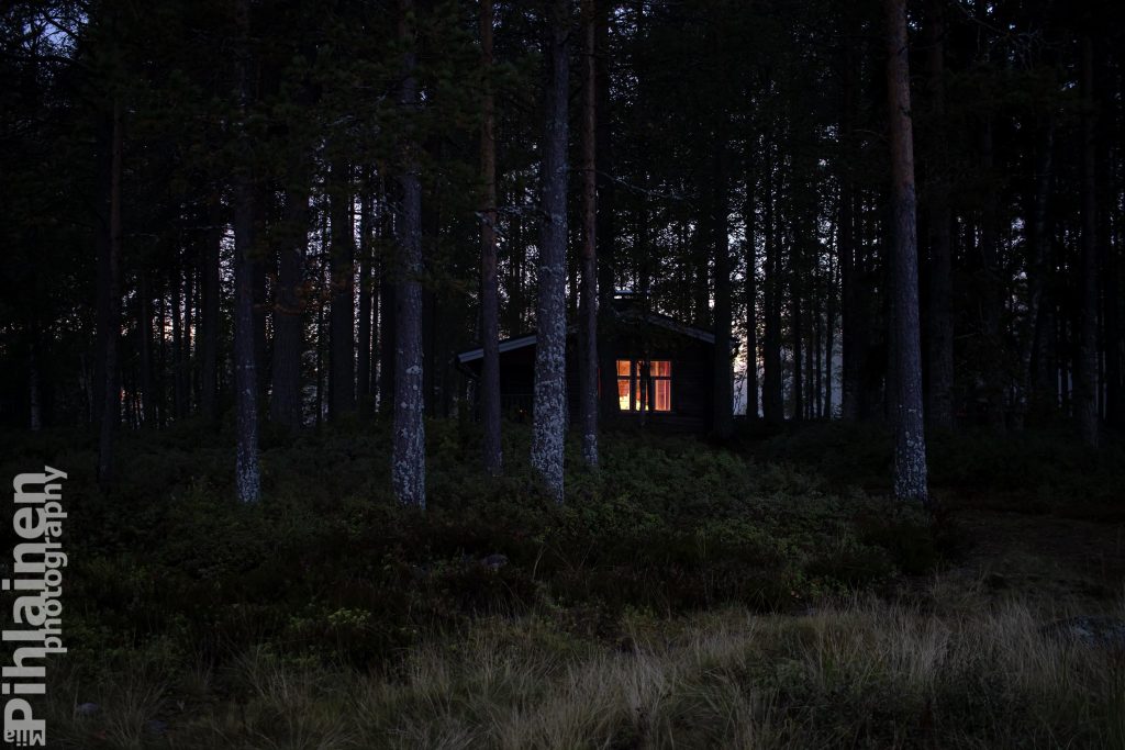 Pimeässä metsässä kajastaa valo mökin ikkunasta.
