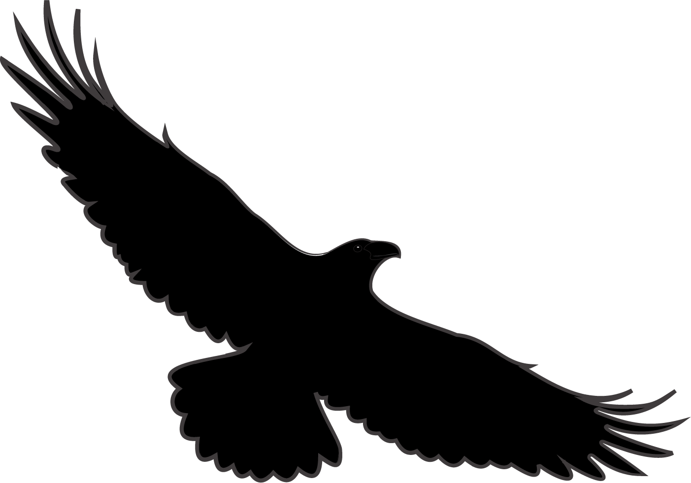 Lentävän korpin silhuetti. Korppi kuvattu alaviistosta, eli lentää vatsapuoli katsojaa kohden.